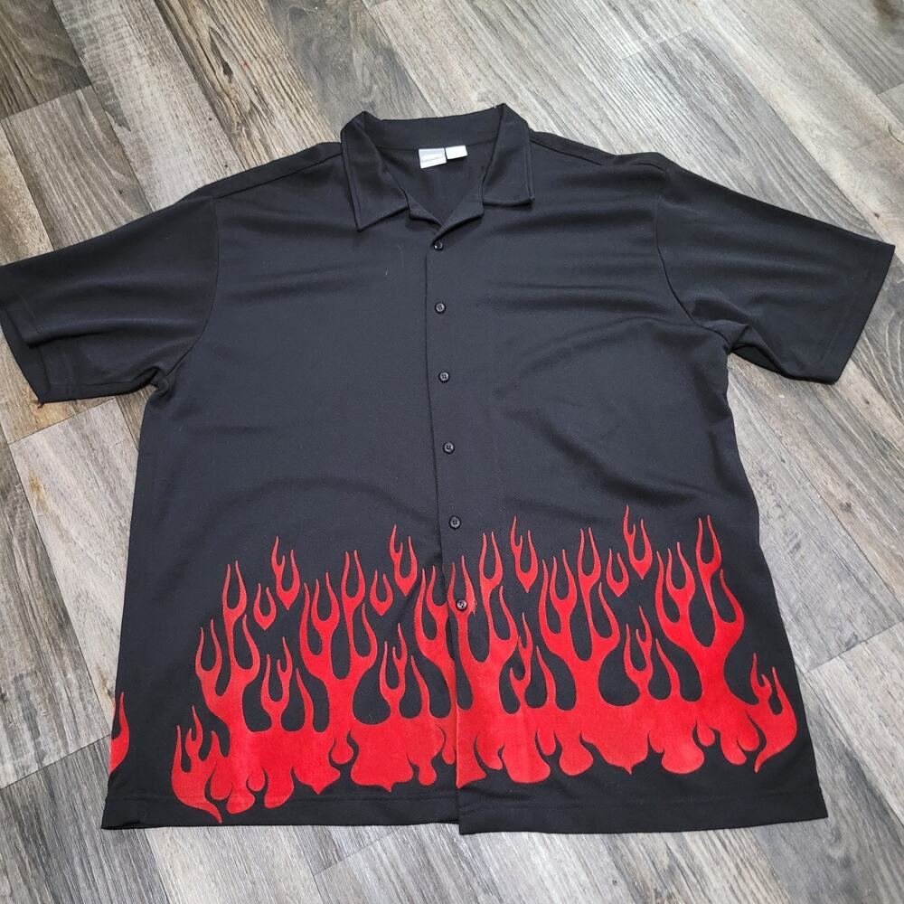 Vintage Y2k Utility Men’s Rising Felt Flames Jersey Button Down Shirt XL‎